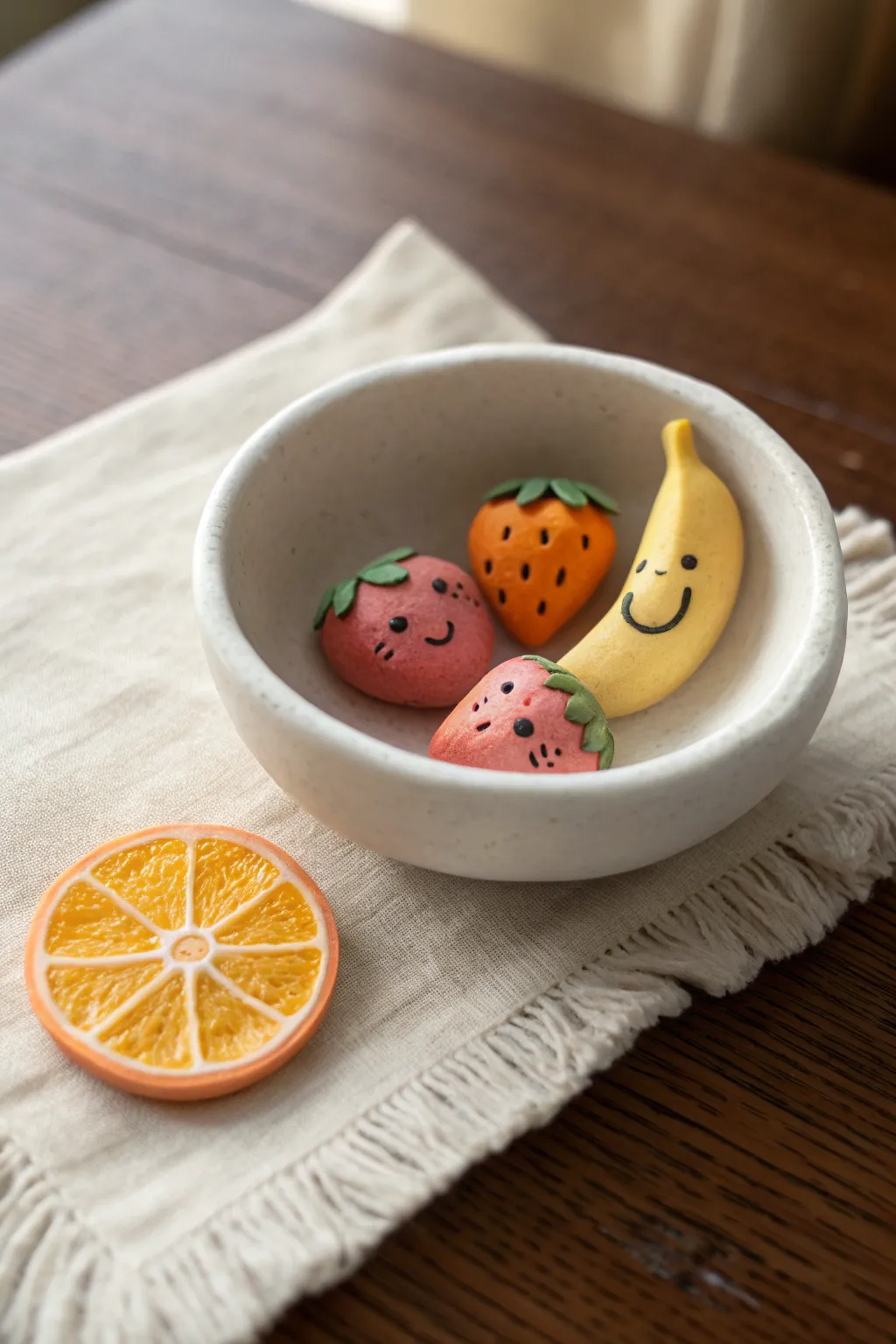 Tiny clay fruit friends in a minimalist bowl, dot eyes and smiles, cozy Scandi boho vibe.