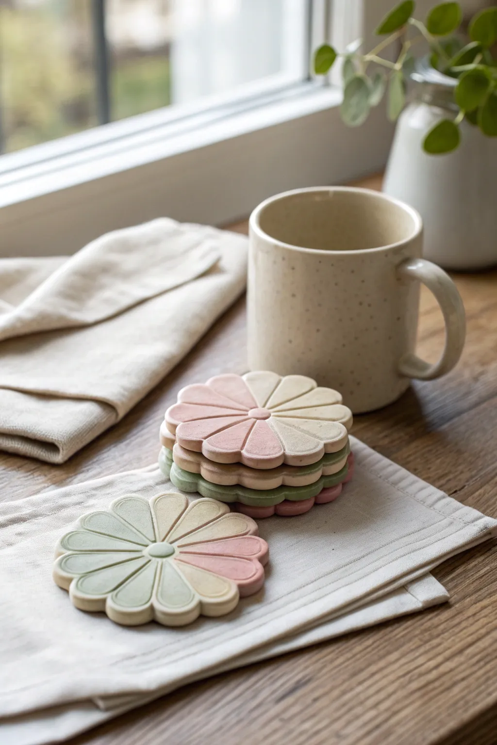 Sweet beginner-friendly flower coasters in soft pastels, ready for cozy tea moments.