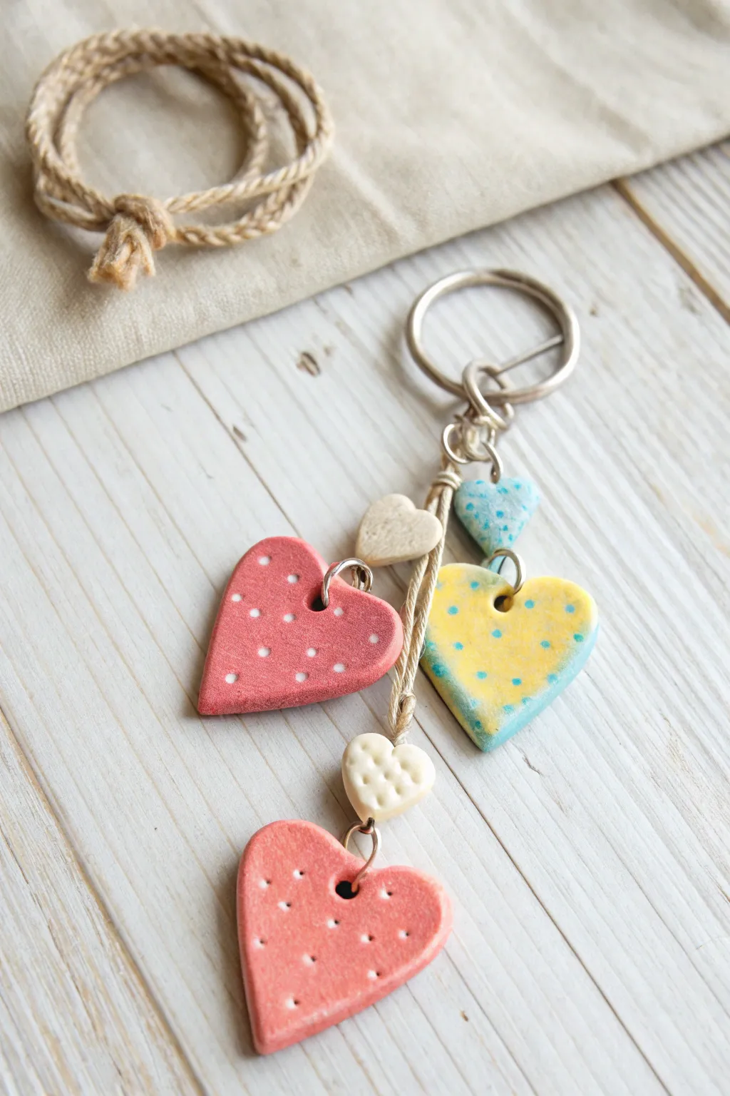Sweet heart clay keychain charms with playful polka dots, perfect for easy kids crafts.