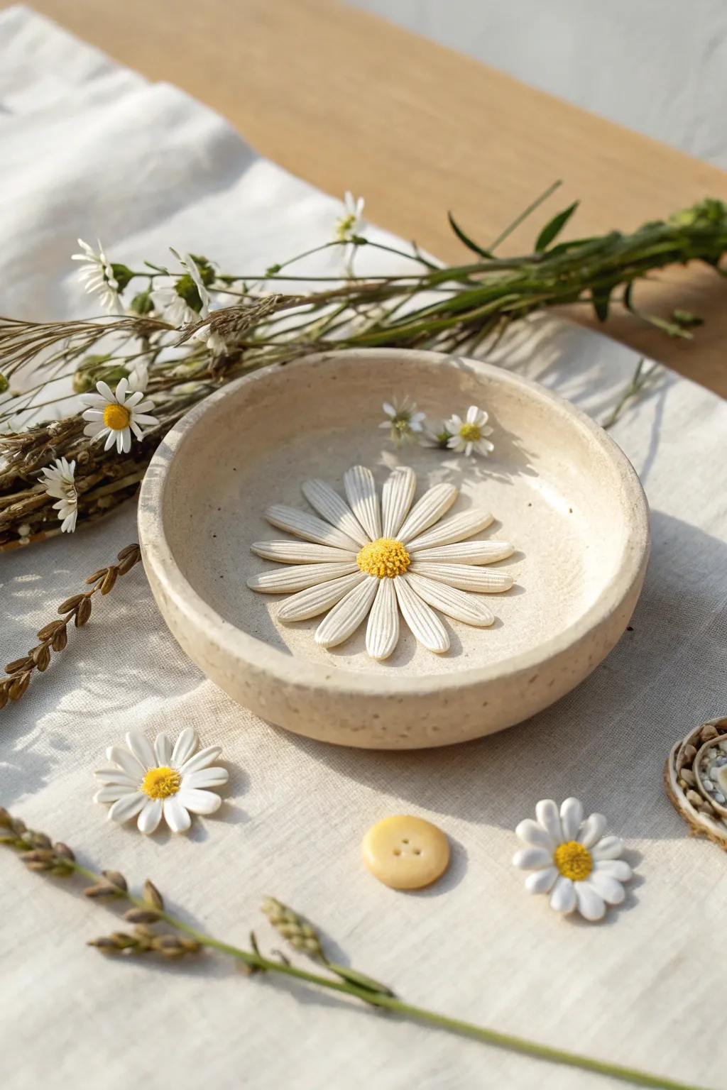 Sweet daisy-center clay dish to keep tiny studs tidy, bright, minimal, and beautifully handmade.