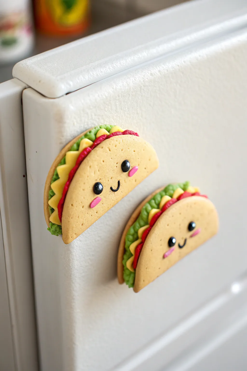 Adorable tiny taco buddy magnets with sweet faces, minimal details, and bold cozy contrast.