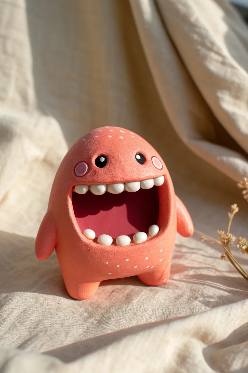 Glossy big-mouth clay monster with chiclet teeth in a clean minimalist, boho-inspired setup