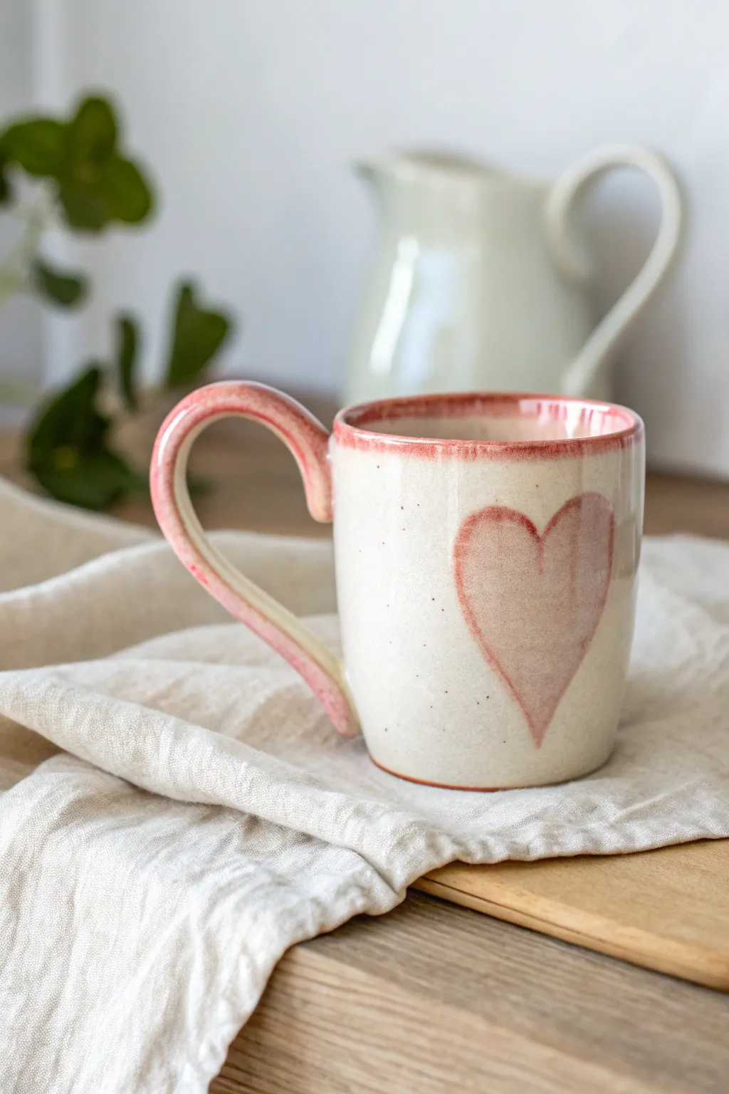 A heart-handle clay mug in glossy blush glaze, sweet, simple, and made to feel like a hug