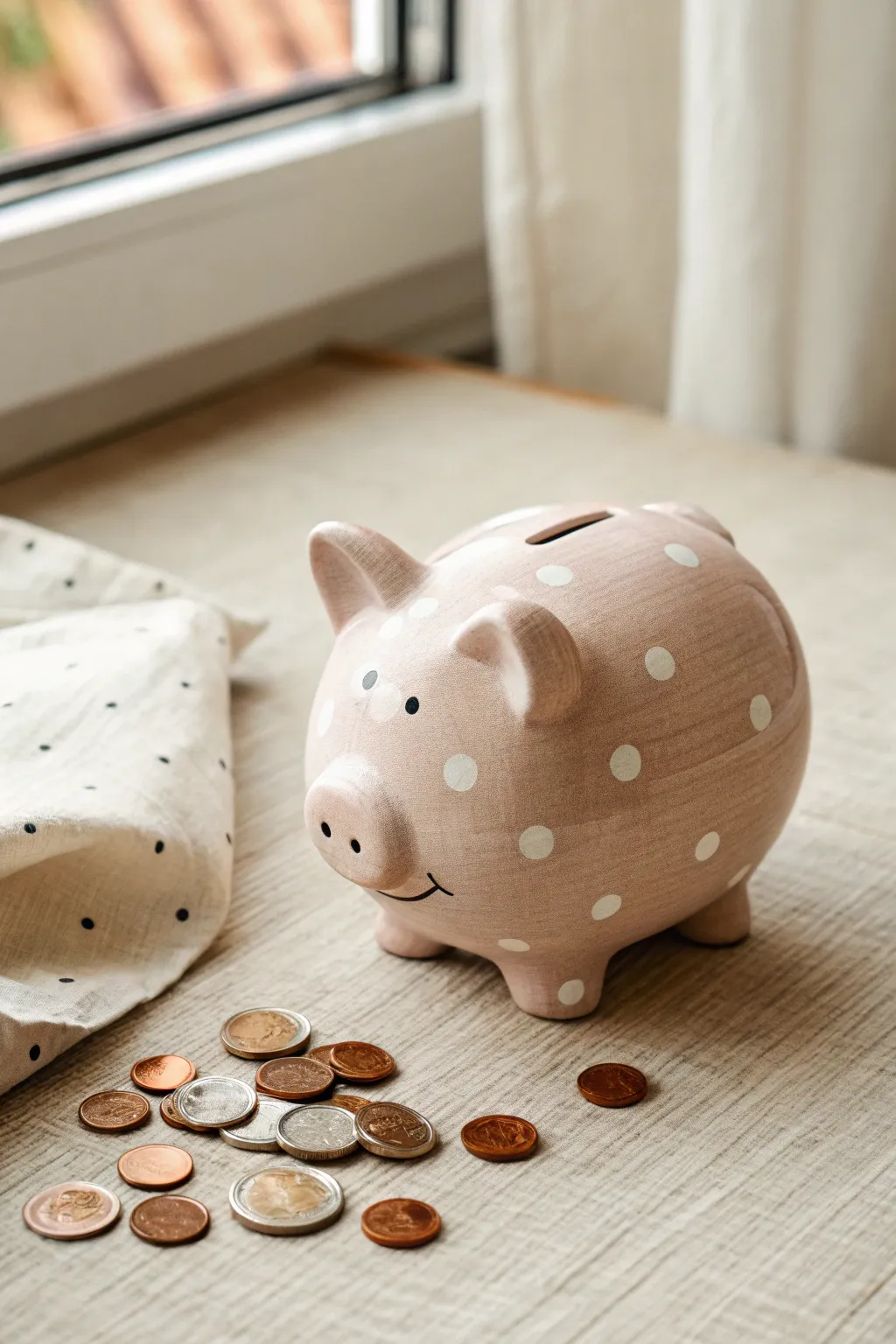 Sweet polka-dot piggy bank in soft tones, minimalist styling, a few coins for charm.
