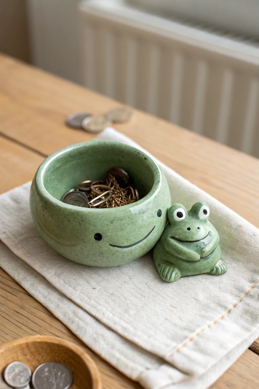 Cute frog buddy pinch pot that keeps coins or hair ties tidy, simple handmade charm.