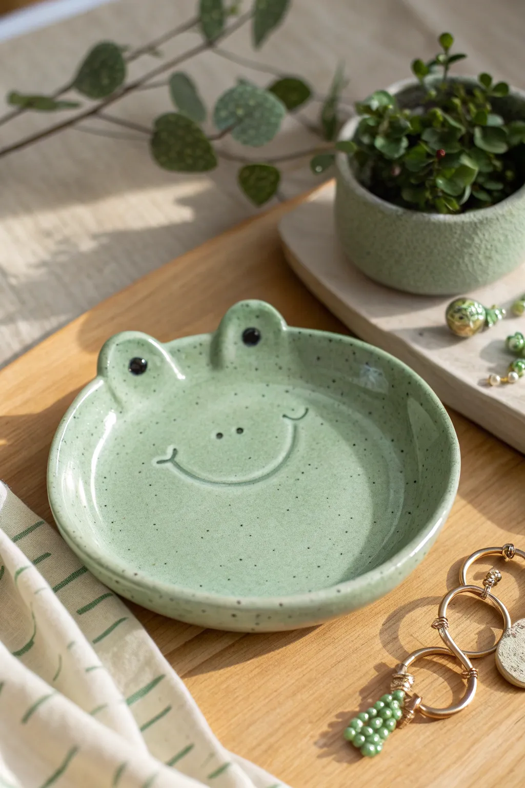 Mint frog peek-a-boo clay plate with sweet eye bumps, styled with soft green jewelry accents.