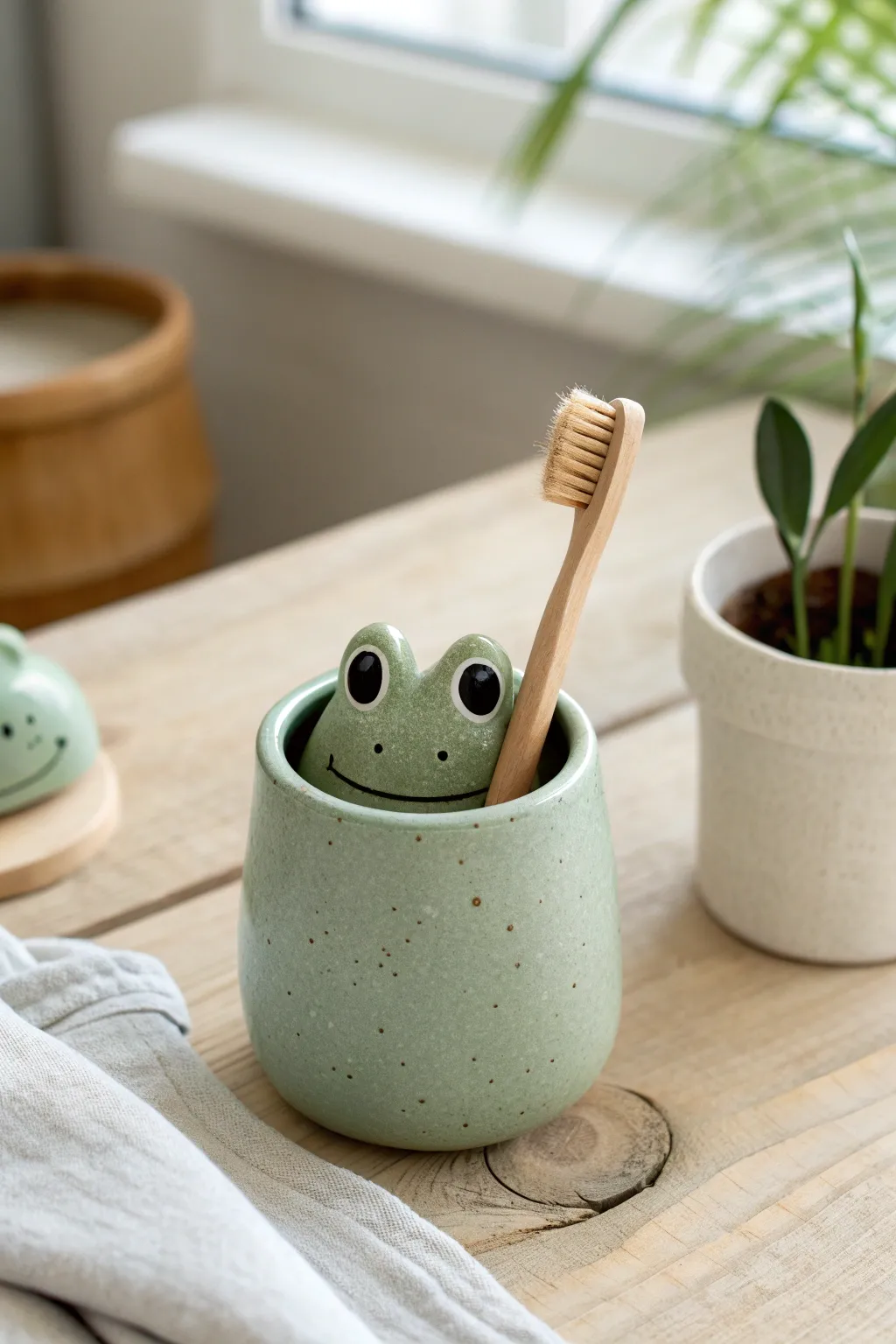 Cheerful frog toothbrush cup buddy, a simple cute clay idea with clean Scandinavian boho charm.