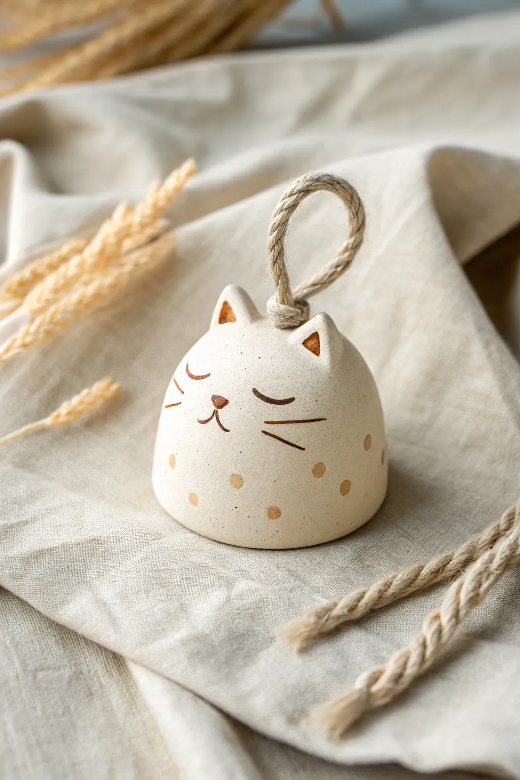 Creamy kitten face bell rattle in minimalist clay style, sweet, simple, and handmade-cute.
