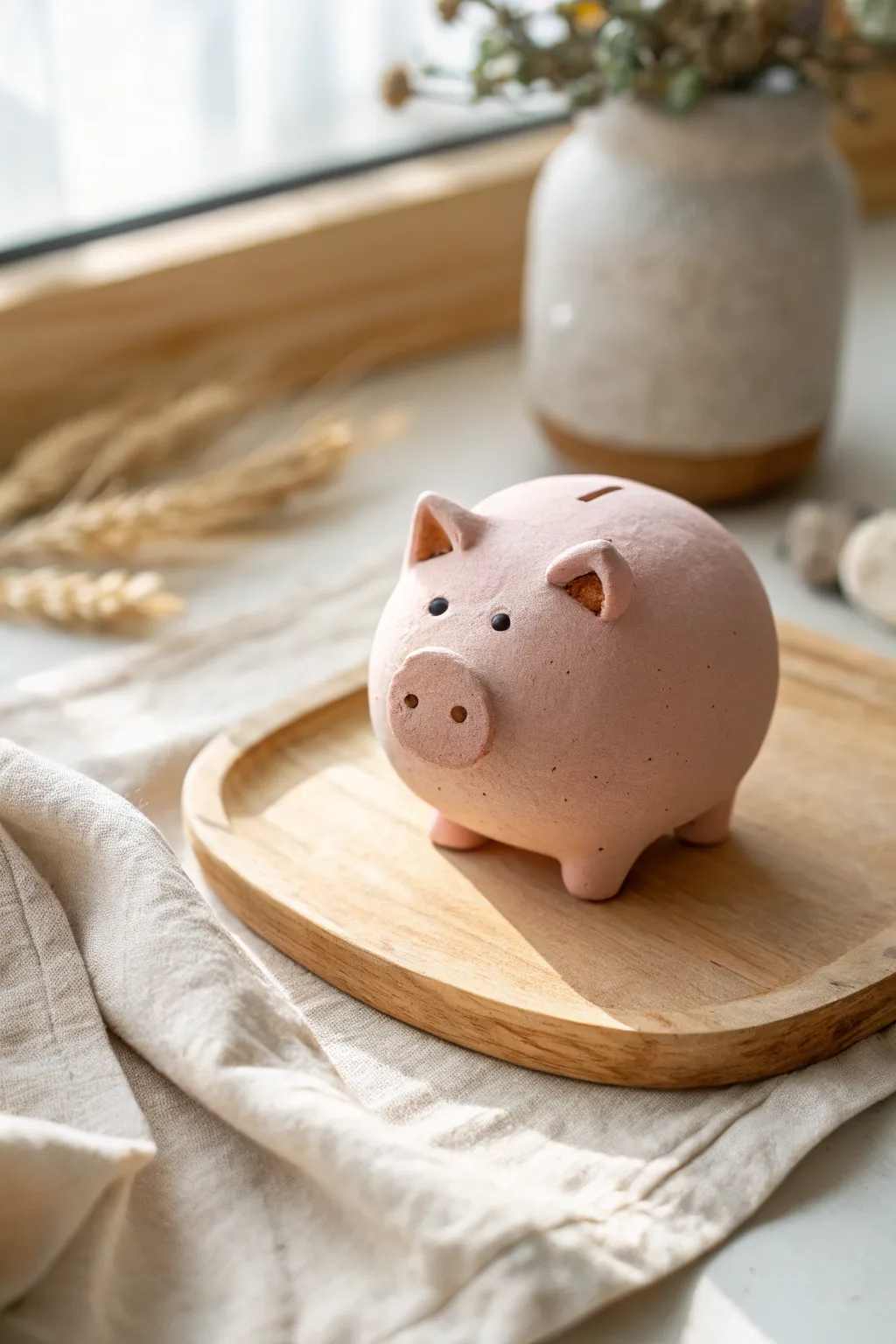 Mini pink piglet with a button snout, simple shapes and sweet details in a clean Nordic style.