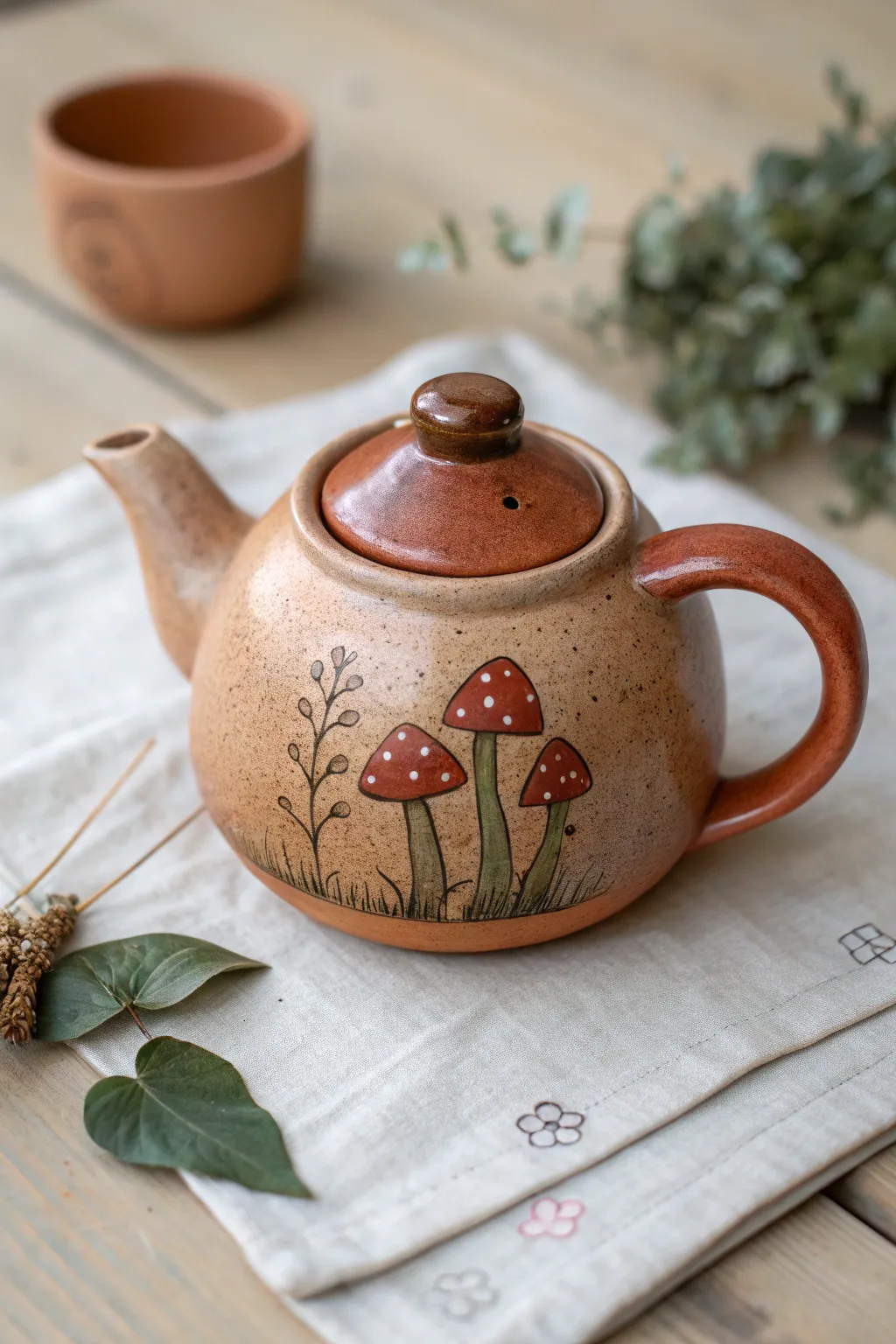 Earthy clay teapot with tiny toadstools and leaf details for a cozy mushroom forest vibe.