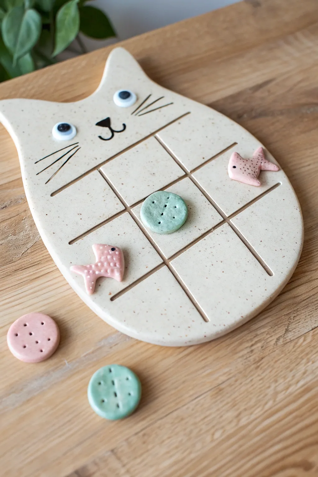 Cute cat vs fish clay tic tac toe set, minimalist Scandinavian vibes with a soft boho touch.