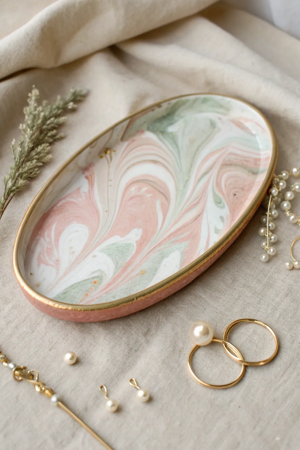Soft pastel marble swirl tray with a delicate metallic rim, perfect for rings and calm decor.