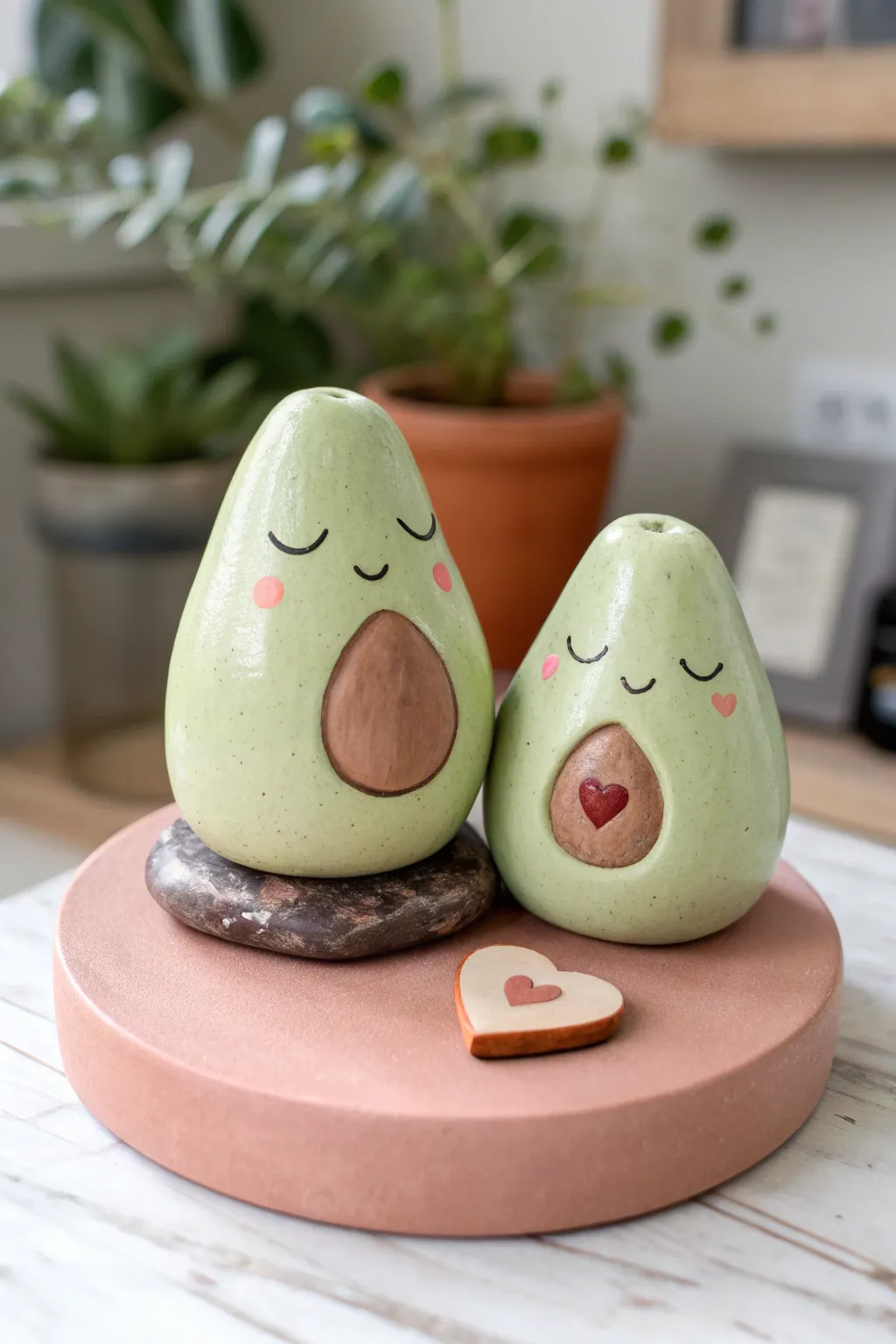 Clay avocado soulmates: two cuddly halves leaning together with a shared heart pit.
