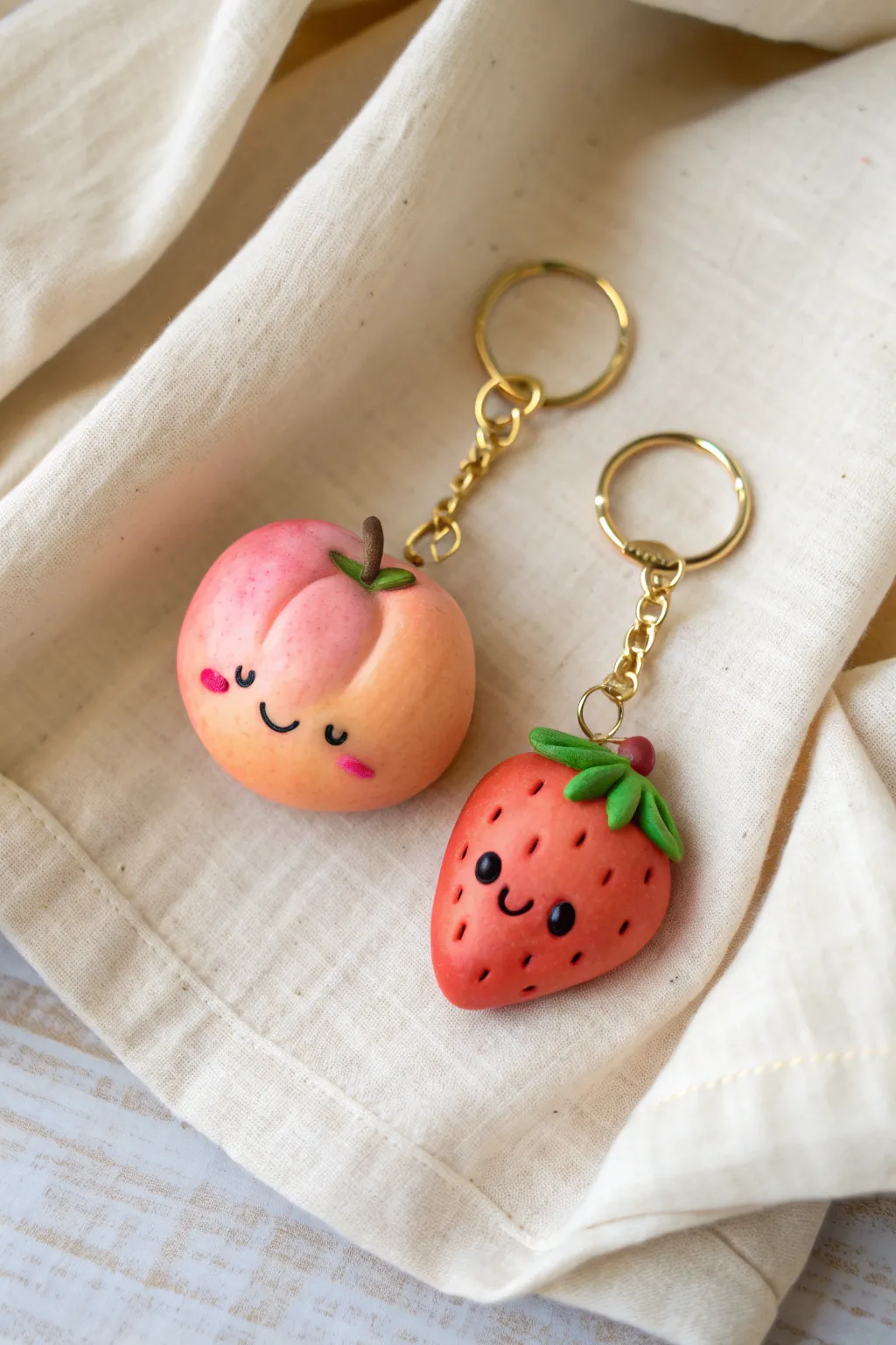 Adorable peach and strawberry clay keychains with rosy cheeks, perfect for a cozy clay date.