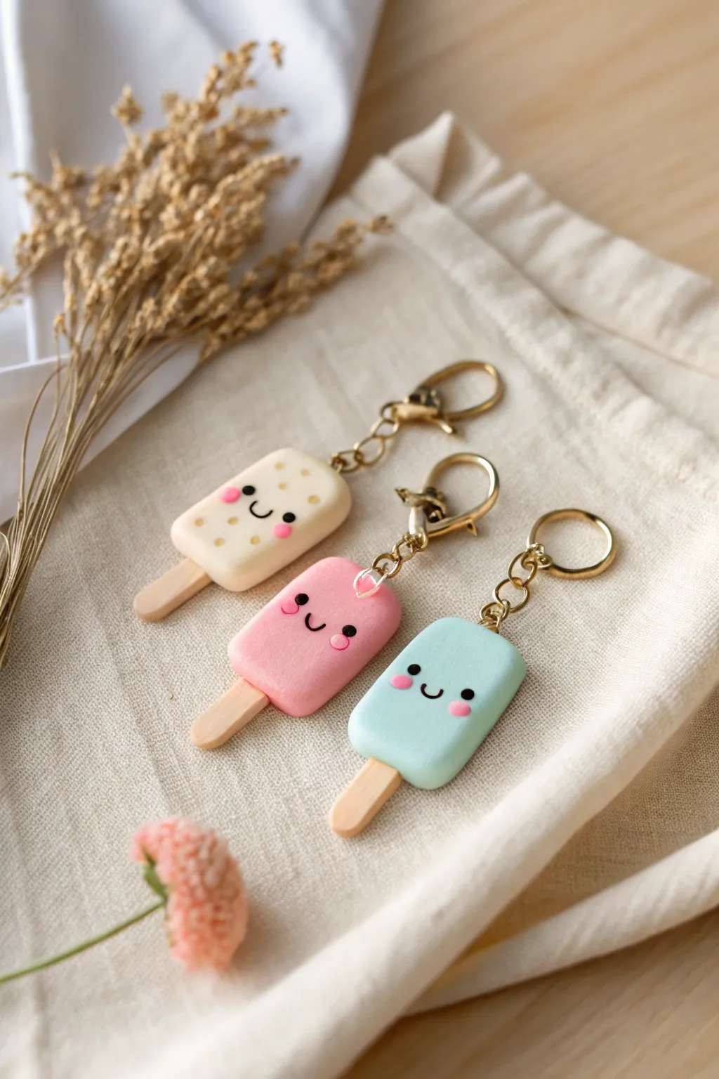 Mini clay popsicle keychain charms in soft summer pastels, perfect for sweet DIY gifting.