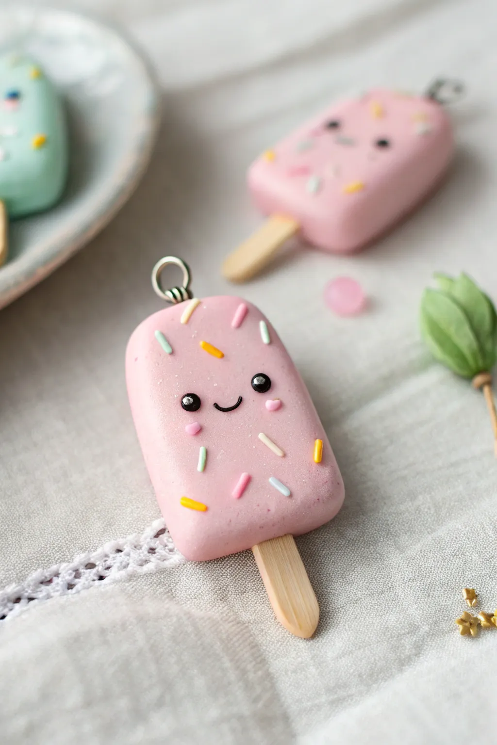 Pastel polymer clay popsicle charm with tiny smile and sprinkles, minimalist boho styling.