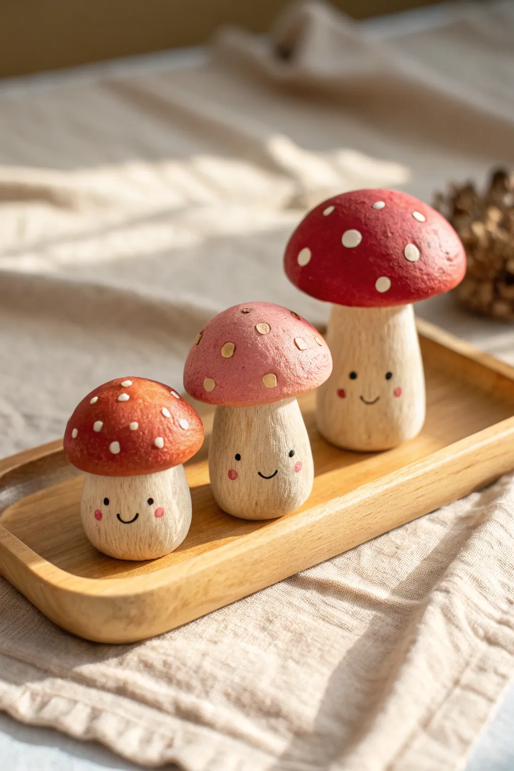 Three tiny smiling clay mushrooms in soft boho tones, the sweetest beginner friendly decor.