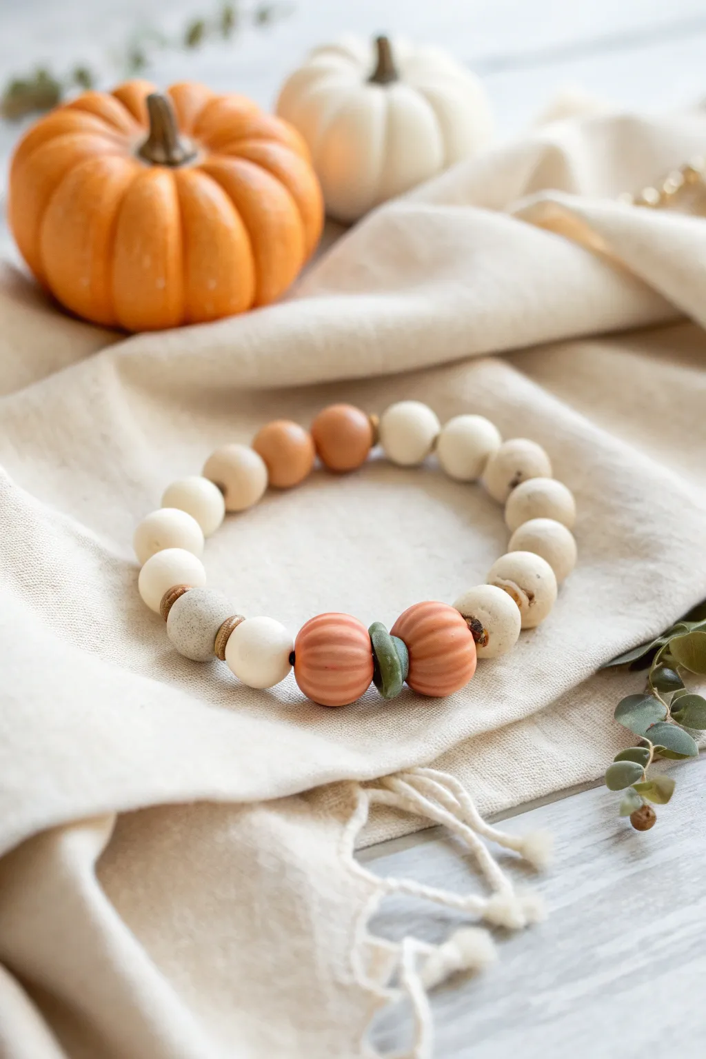 Neutral clay bead bracelet with a tiny pumpkin accent for an easy, cozy fall look.