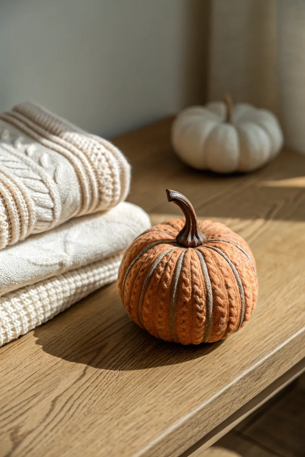 Cozy sweater-textured clay pumpkin in muted orange, styled with cream knit for minimal fall warmth.