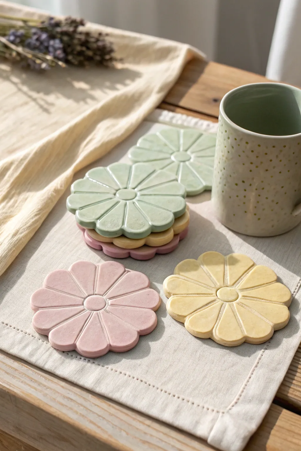Chunky daisy clay coasters in soft pastels, stacked neatly beside a cozy morning mug.