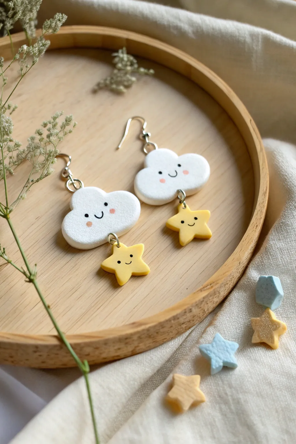 Soft cloud and star clay earrings in pastel tones, minimalist and dreamy with handmade charm