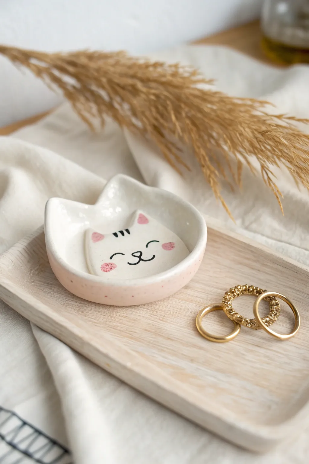 Mini cat paw trinket dish with a smiling bean pad, perfect for rings and tiny treasures.