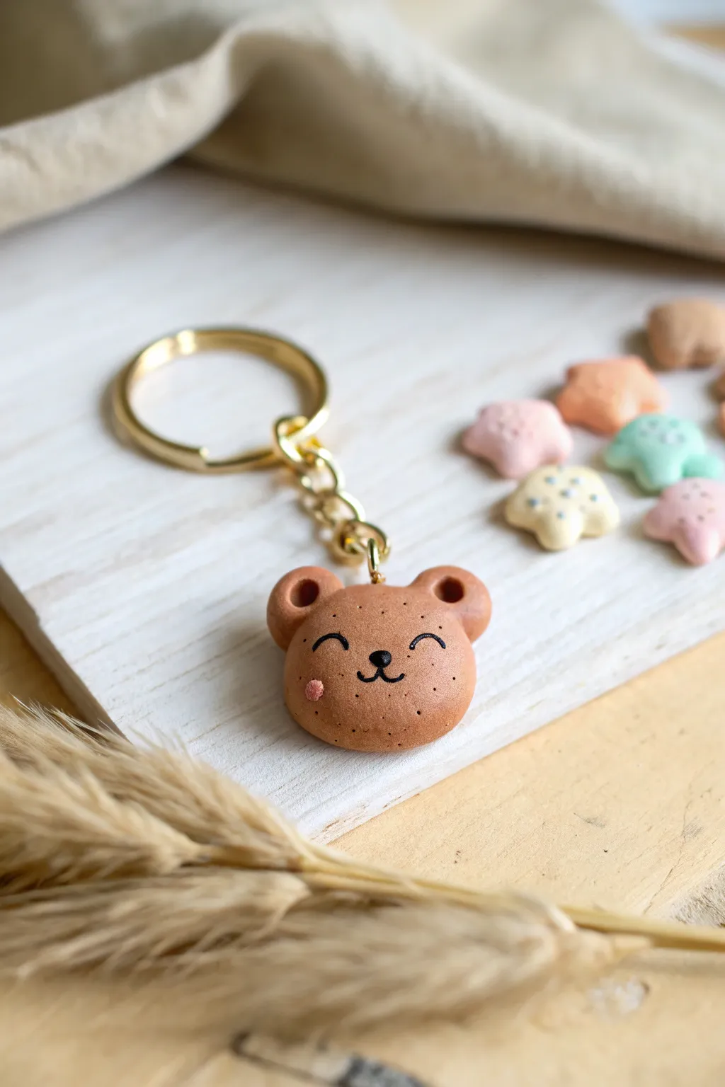 Sweet mini bear head clay charms in soft pastels, perfect DIY keychains with a cozy boho feel.