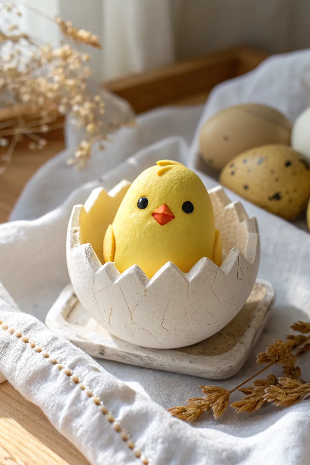 Sweet little chick in a cracked eggshell cup, an easy Model Magic idea with minimalist charm