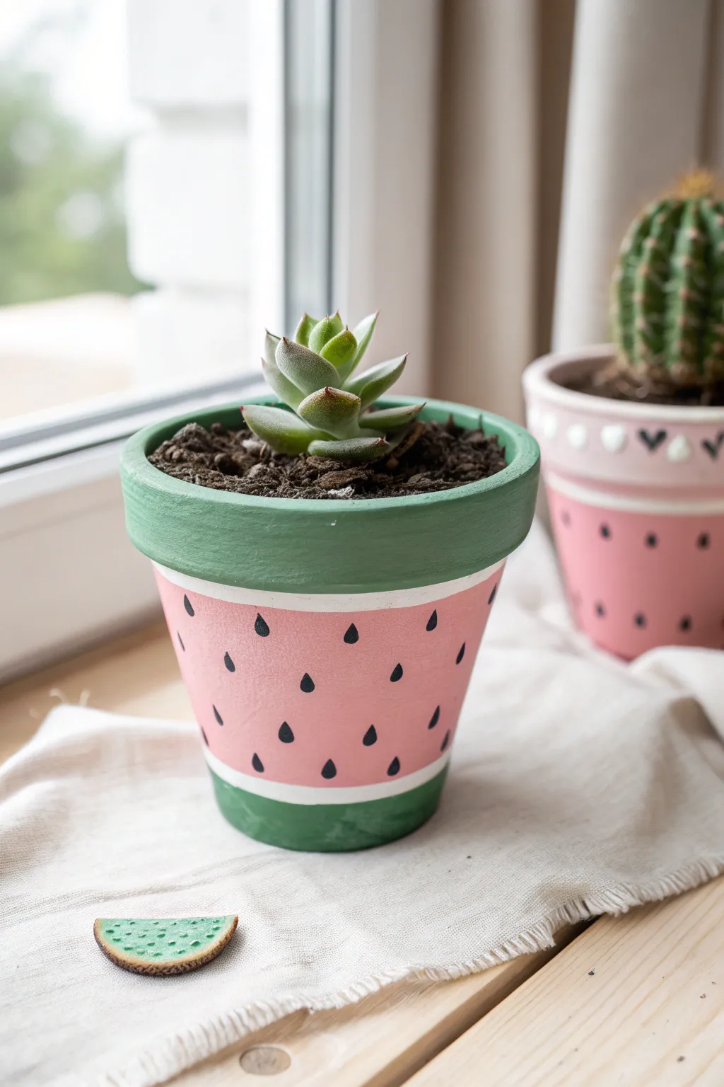 Watermelon rim pot with heart seeds and a tiny succulent for an easy, summery painted look