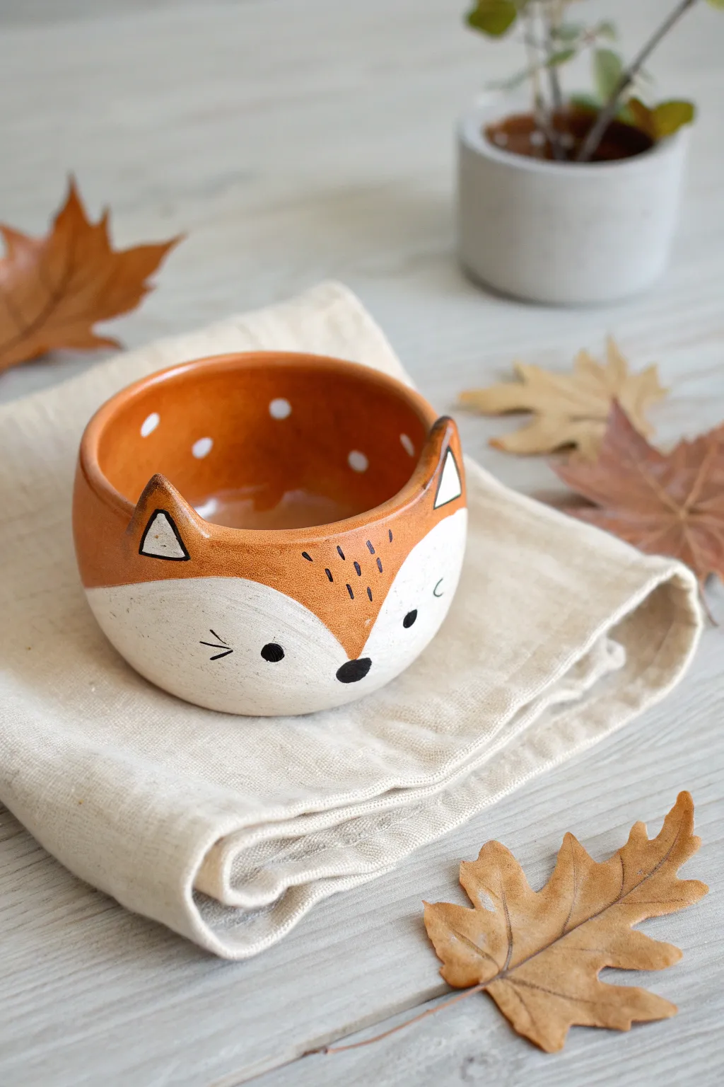 Warm orange fox pinch pot with pointy ears, styled with dried leaves in cozy Nordic light.