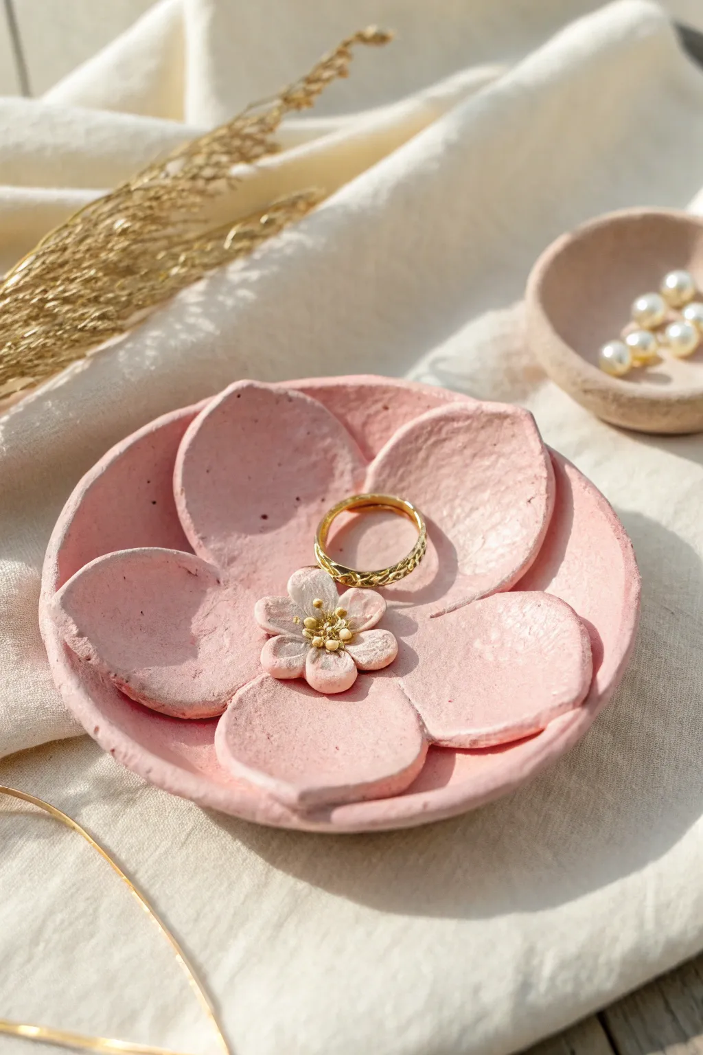 Cherry blossom pink clay trinket dish, a sweet minimalist spot for rings and tiny treasures.