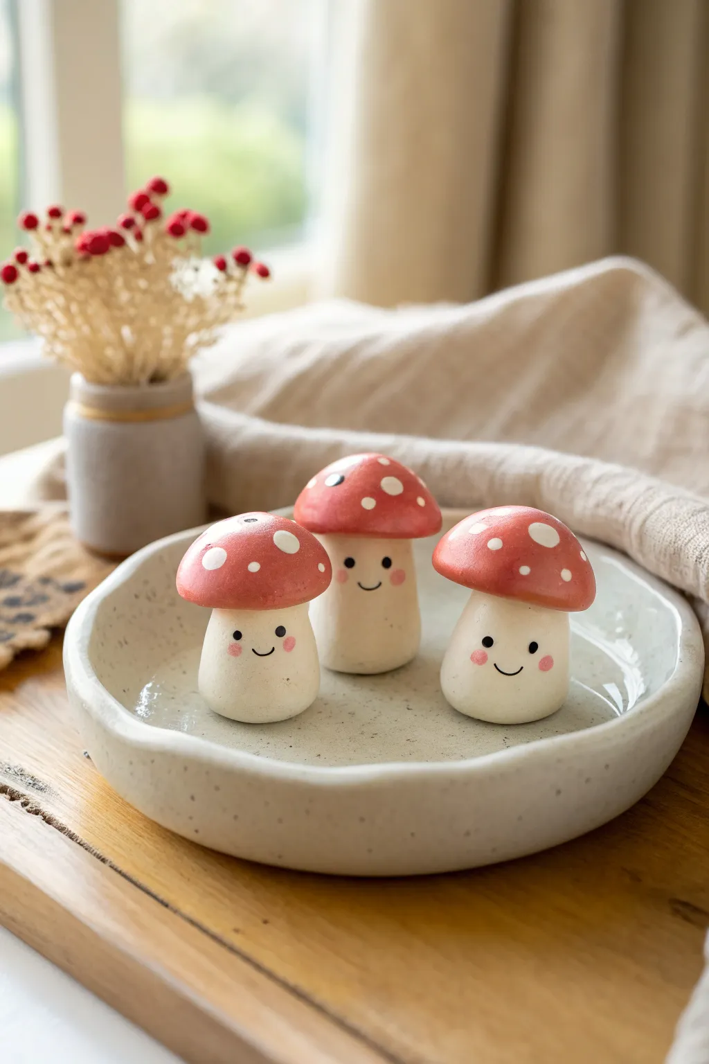 Sweet mushroom friends with rosy cheeks in soft minimalist styling, perfect polymer clay inspo.