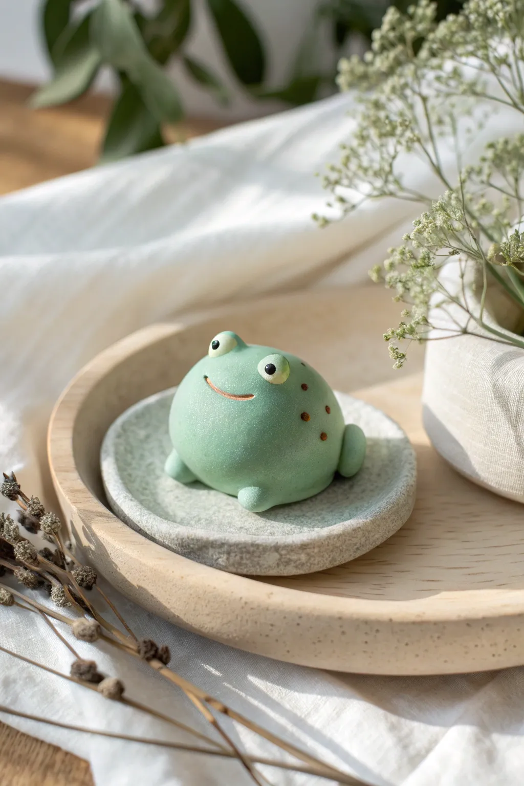Round froggy pebble buddy in mint clay, a sweet beginner project with calm Scandinavian vibes