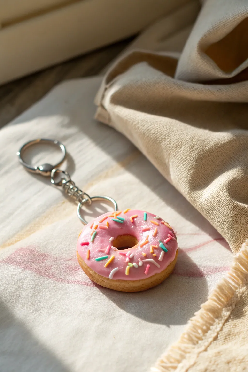 Pastel polymer clay donut keychain with chunky sprinkles, crisp focus on a soft neutral backdrop