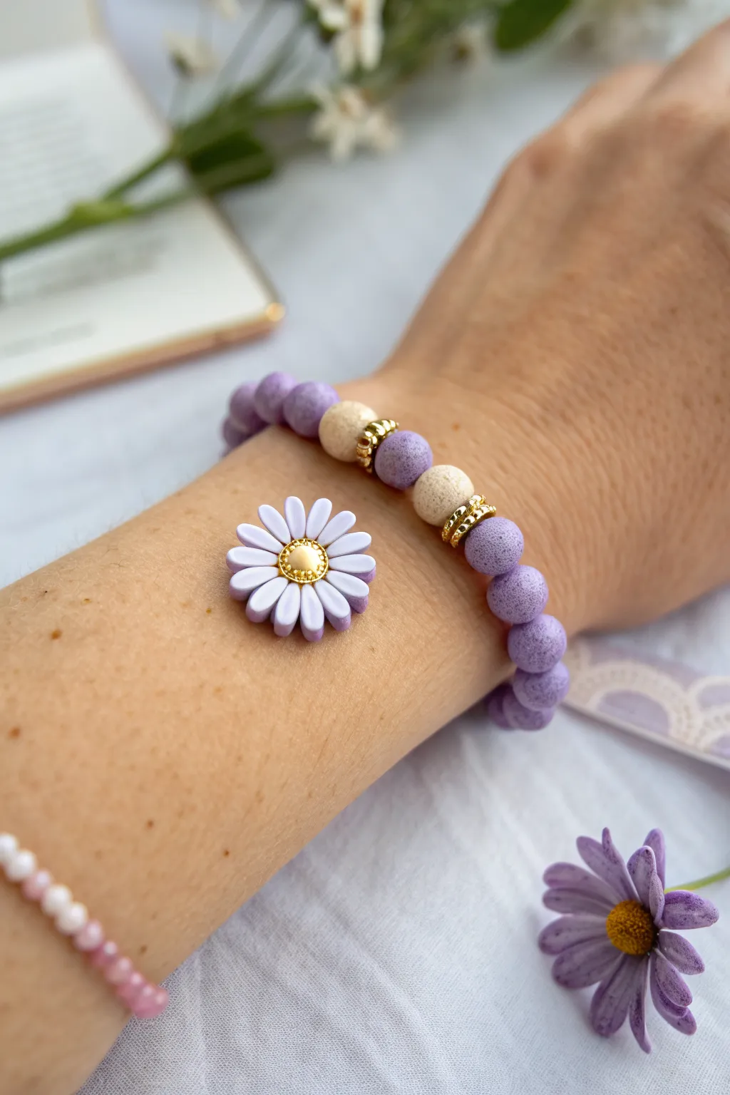 Purple daisy charm bracelet with matte clay beads for a soft, minimalist boho look