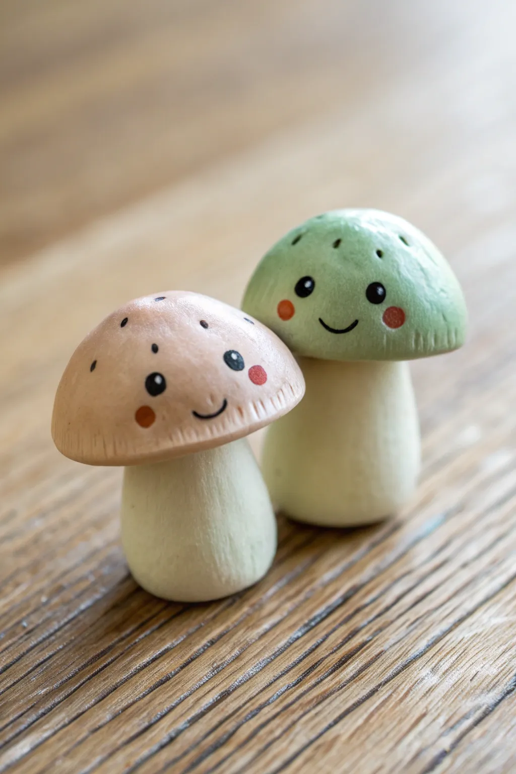 Mini clay mushroom couple with dot eyes, styled on warm wood for cozy minimalist vibes