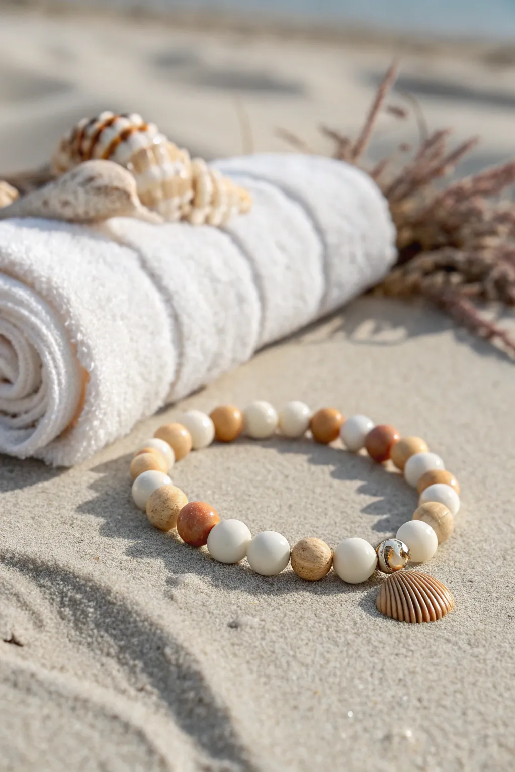 Shell centerpiece clay bead bracelet in creamy neutrals, styled on sand for beach-day vibes.