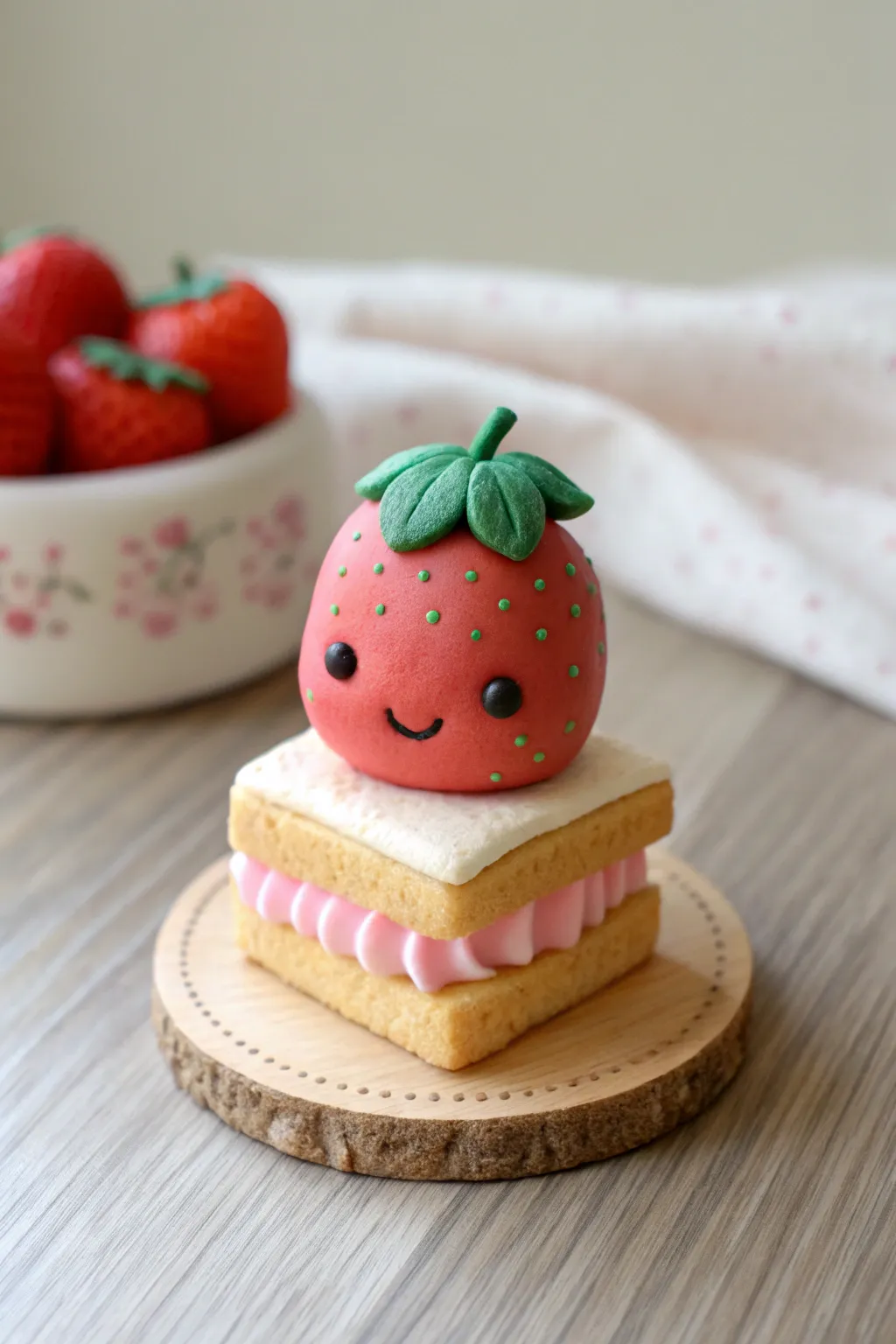 Tiny strawberry shortcake friend in soft red and cream, a sweet minimalist summer clay idea
