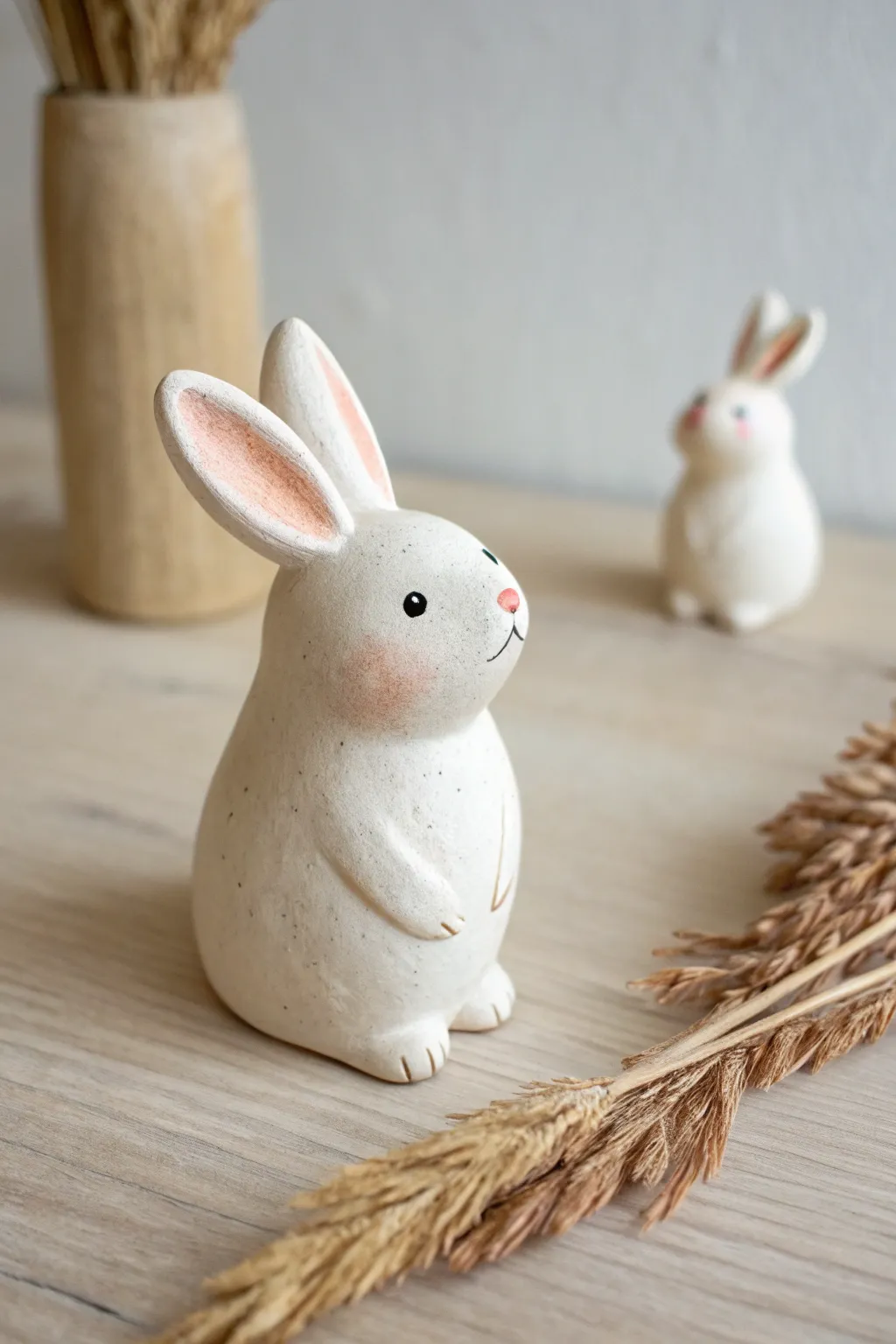 Chubby tiny clay bunnies with a cozy matte finish, made for minimalist boho shelves