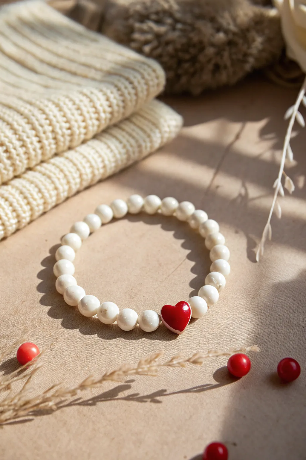 Dainty white clay bead bracelet with a single red heart for a soft minimalist Valentine vibe.