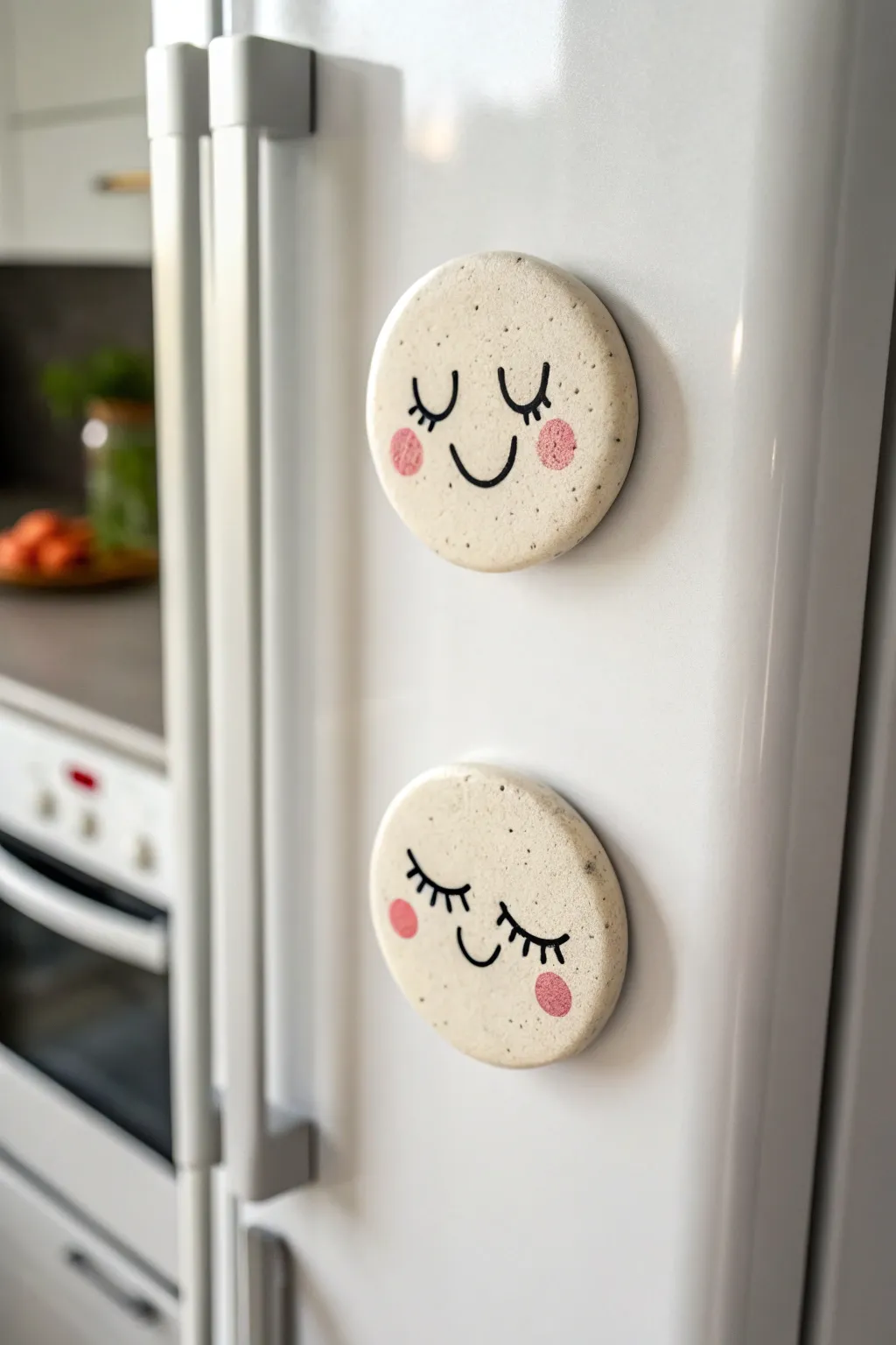 Two cute handmade smiley clay magnets to brighten your fridge, perfect for an easy date craft