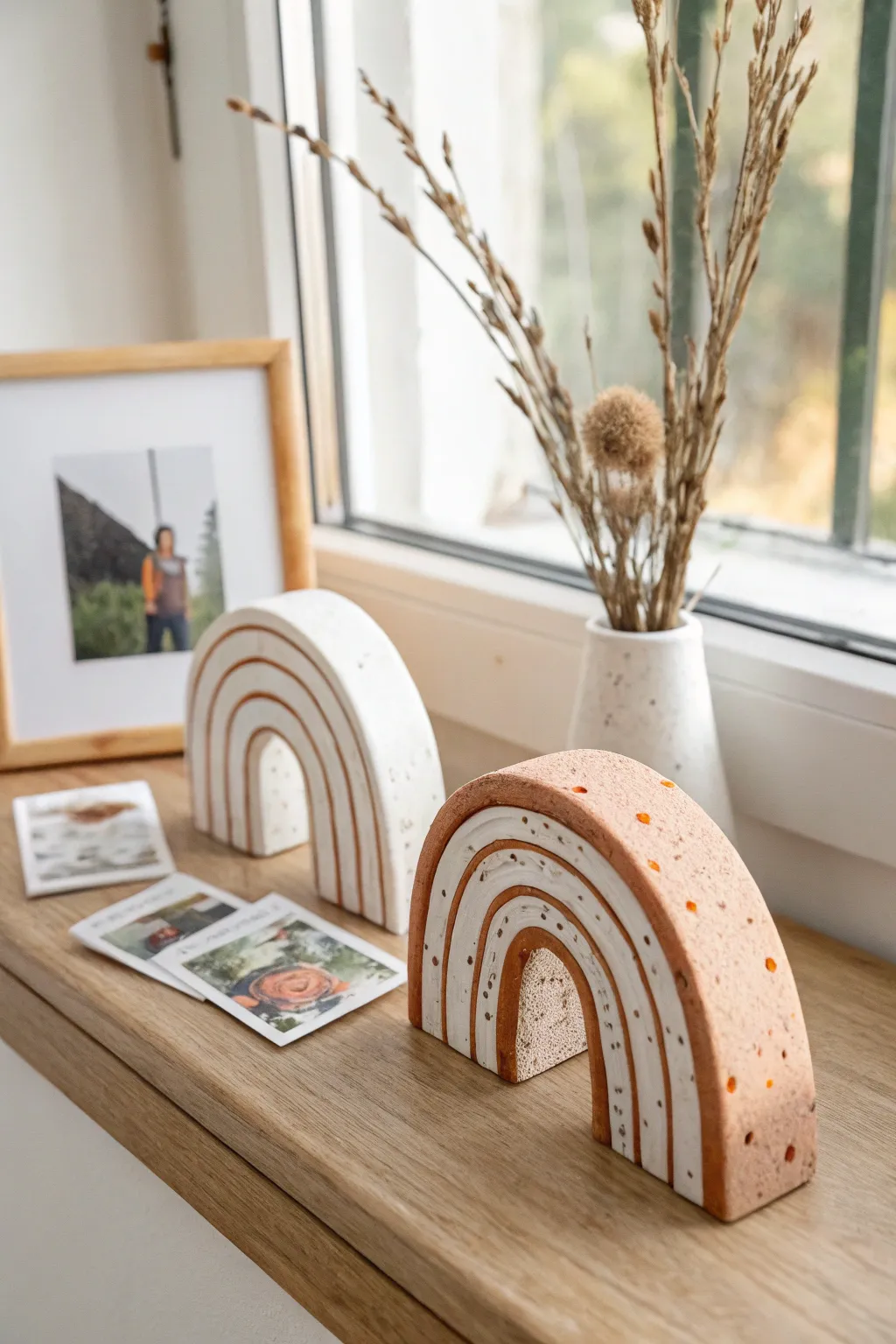 Sweet date night mini clay photo stands, matching arches to display tiny memories on a shelf.