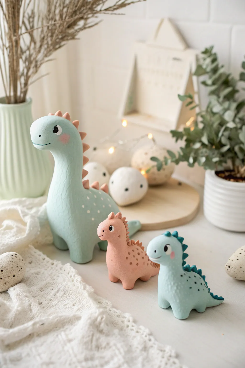 Adorable mint, peach, and sky-blue dino family trio — simple, cute, and handmade-ready.