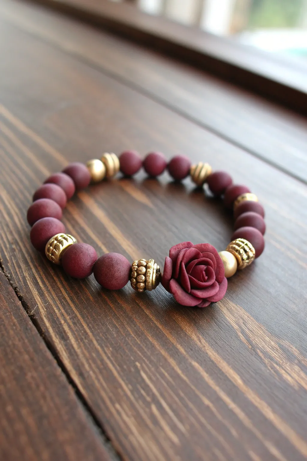 Burgundy clay disc bracelet with warm gold spacers and a tiny rose for enchanted vibes.