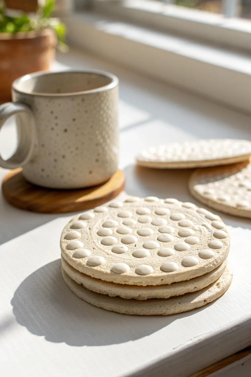 Creamy bubble-texture clay coasters stacked neatly for a cozy minimalist coffee moment