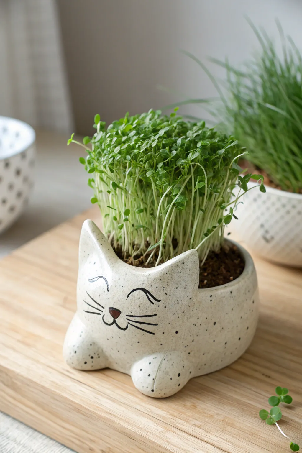 Mini pinch-pot cat chia pet with fluffy green sprouts, minimalist Scandinavian boho styling.