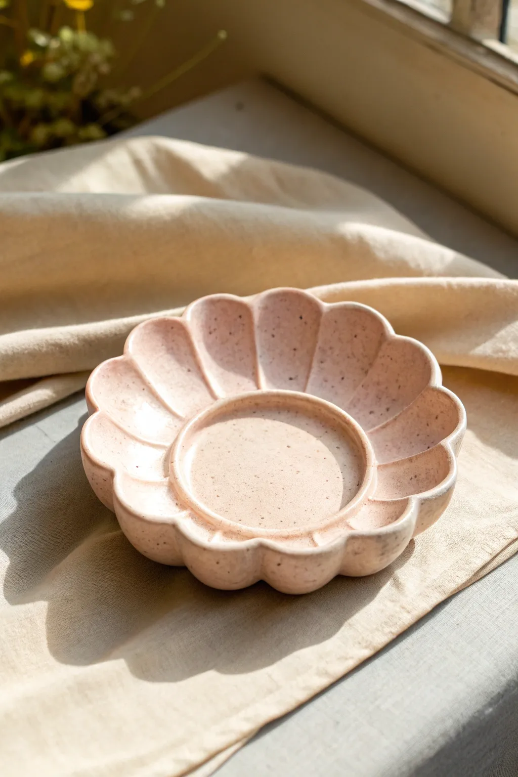 Soft pastel flower ashtray with a scalloped rim, simple handmade charm and clean minimal styling.