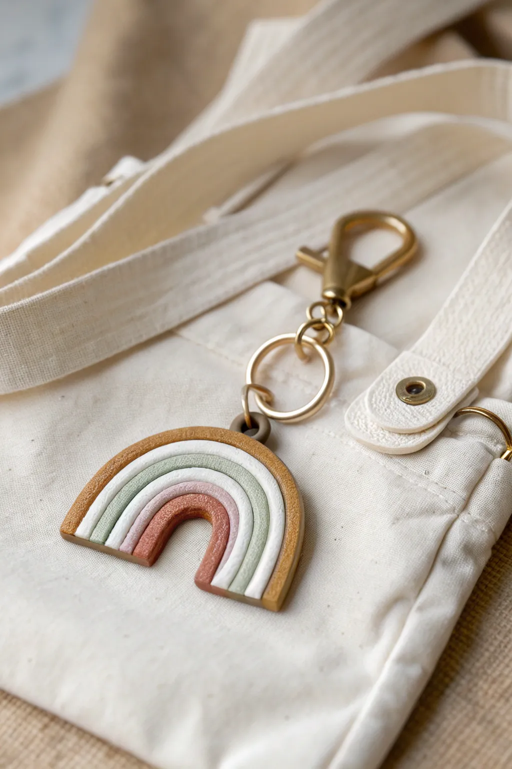 Muted rainbow arch clay keychain on a linen tote strap, minimal and handmade for everyday carry.