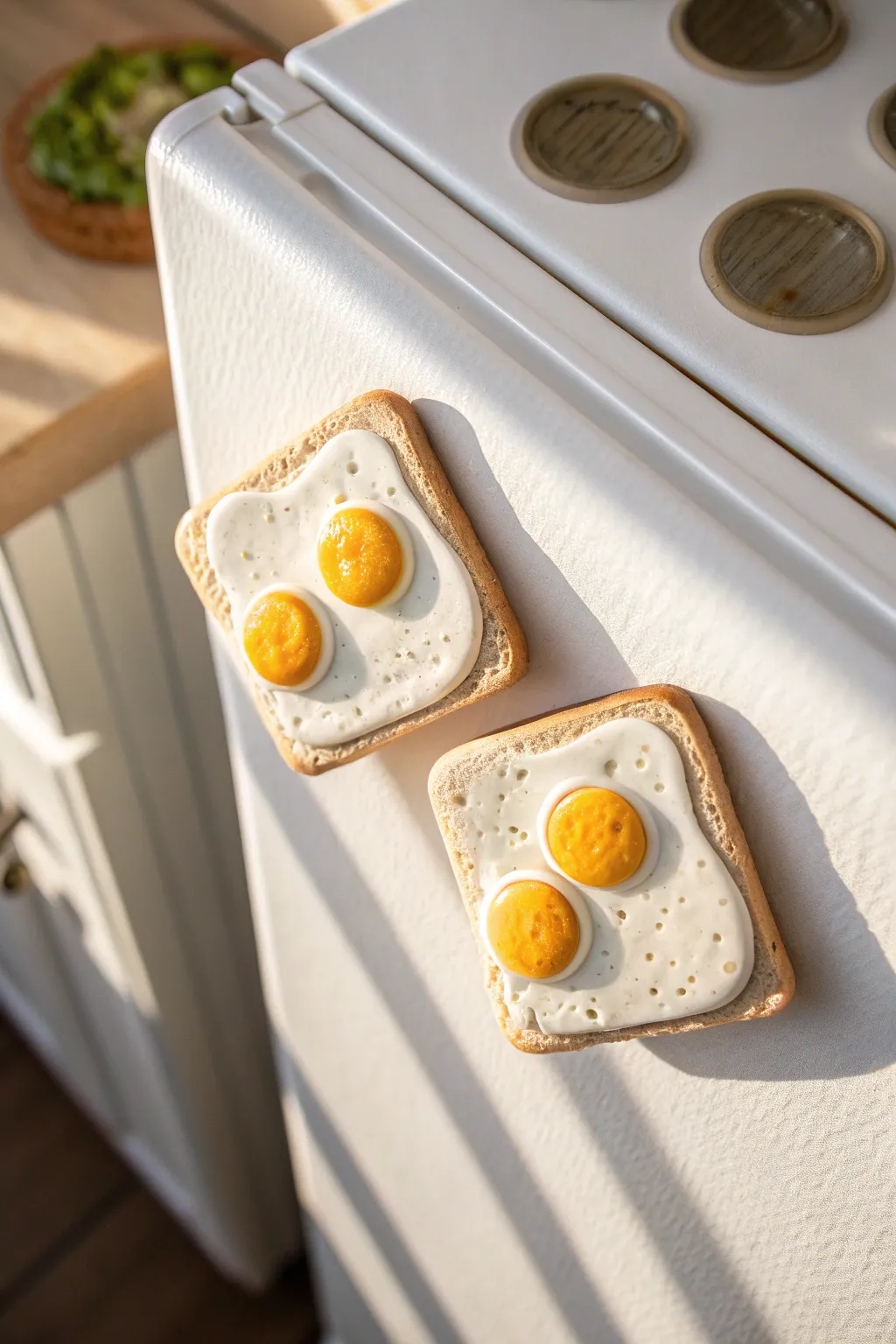 Two sweet toast-and-egg clay magnets with glossy yolks for a cozy, minimalist fridge moment