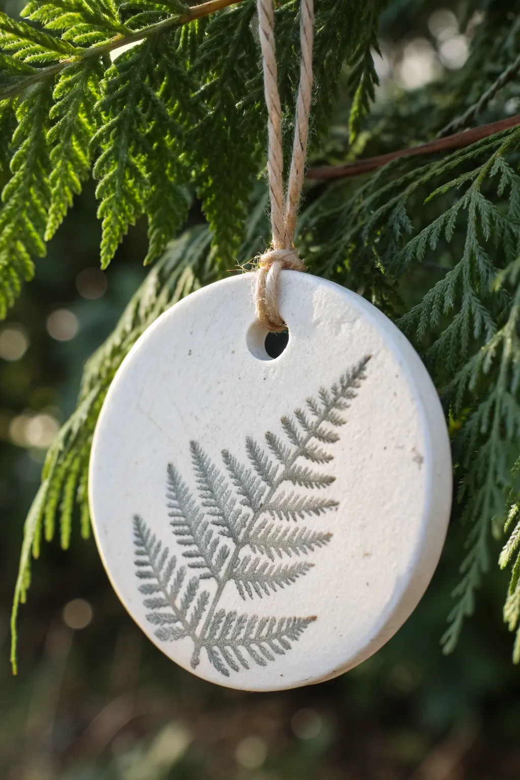 White air-dry clay ornament with evergreen imprint, softly highlighted, hanging on deep green pine.